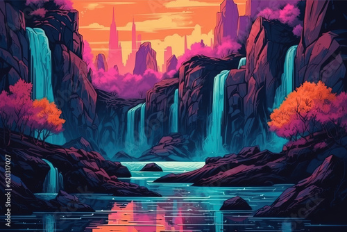 Cascade of Colors: Vibrant Waterfall Illustration