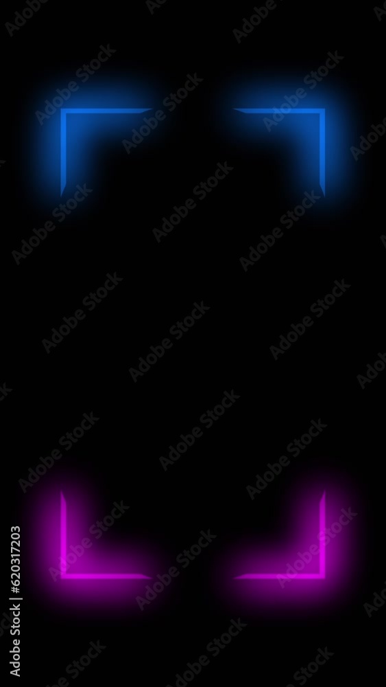 Vertical video. Neon frame. Glowing background. Blue pink color led light square angle corners design on dark black abstract geometric empty space. Vertical video. Neon frame. Glowing background. Blue pink color led light square angle corners design on dark black abstract geometric empty space.