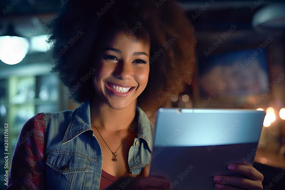 Illustration of a woman smiling while looking at a tablet created with Generative AI technology Illustration of a woman smiling while looking at a tablet created with Generative AI technology