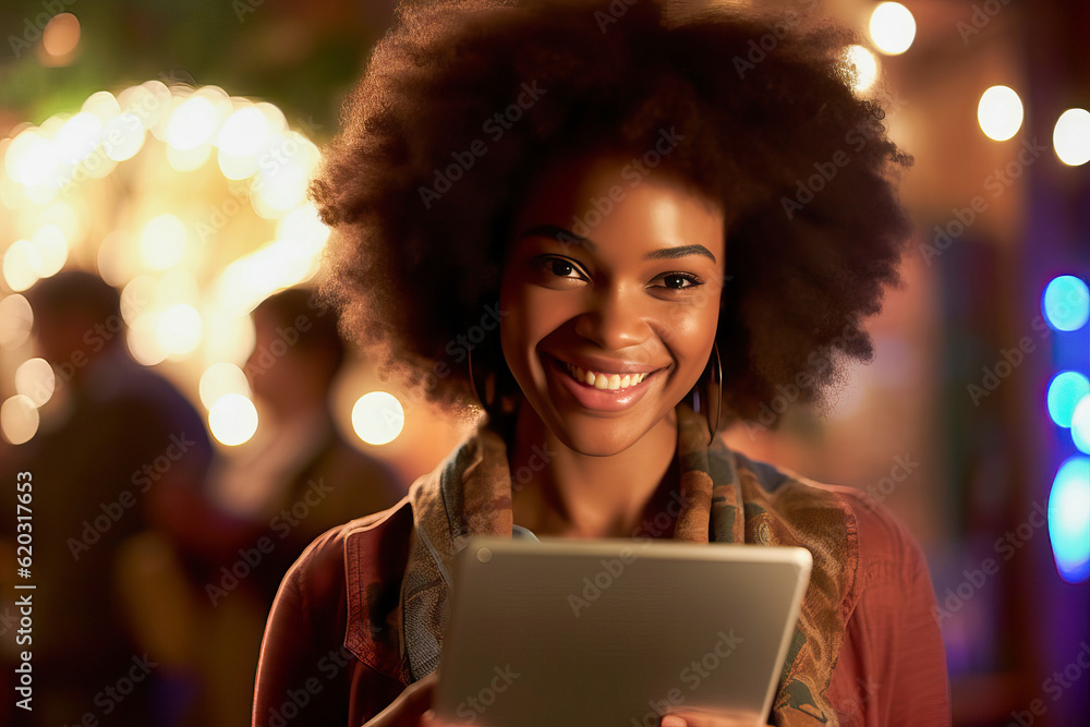 Illustration of a woman smiling while using a tablet created with Generative AI technology Illustration of a woman smiling while using a tablet created with Generative AI technology