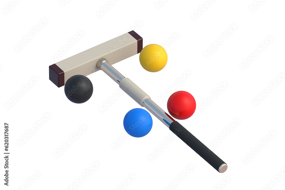 Croquet mallet and colorful balls isolated on white background. Traditional british game. 3d render Croquet mallet and colorful balls isolated on white background. Traditional british game. 3d render