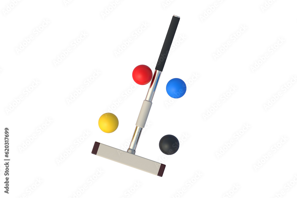 Croquet mallet and balls isolated on white background. Traditional british game. 3d render Croquet mallet and balls isolated on white background. Traditional british game. 3d render
