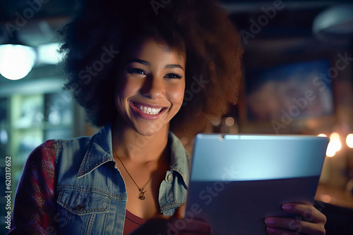 Illustration of a woman smiling while looking at a tablet created with Generative AI technology