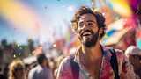 man enjoying music festival, rainbow pride, colorful, outdoor, summer, concert , party with dj, summer, disco club outside, fun youth, entertainment festive concept, ai generative