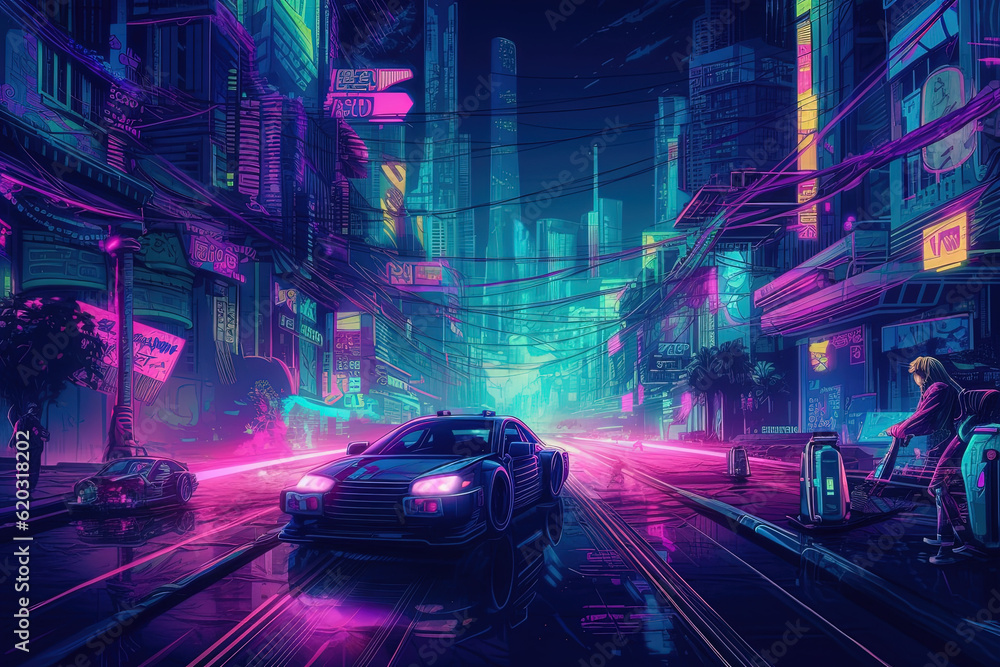Neon Nights: Vibrant Cityscape Illustration, ai