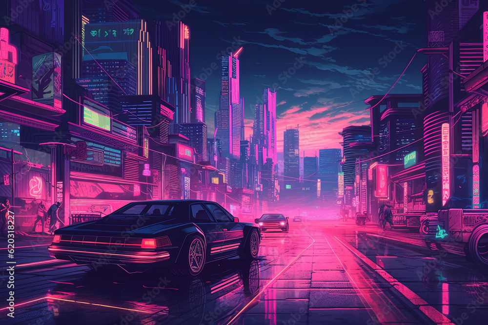 Fototapeta premium Neon Nights: Vibrant Cityscape Illustration, ai