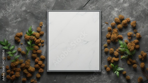 A vertical white poster mockup showing a framed poster 70x100 cm on a concrete wall in the city AI, Generative AI, Generative photo