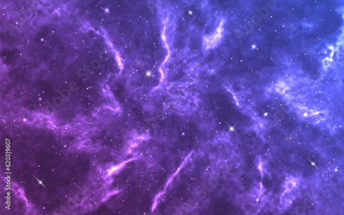 Universe background. Beautiful color galaxy with shining stars. Purple starry cosmos. Realistic space wallpaper. Glowing nebula with bright gradient. Vector illustration