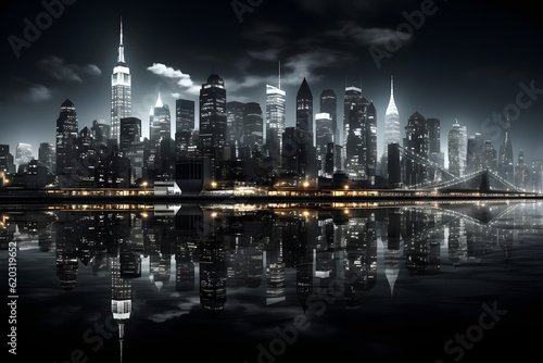 A monochrome, high contrast cityscape of New York City at night. The city lights are aglow and reflected in the water, creating a sparkling mirror image. Created with Generative AI