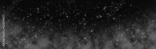 Starry night background. Wide cosmos with clouds. Deep universe with stardust effect. Glowing outer space texture. Magic milky way effect. Bright constellations. Vector illustration