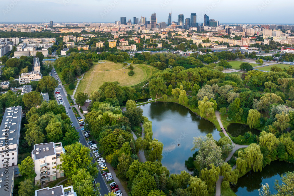 Fototapeta premium Aerial view of Warsaw city center during sunset