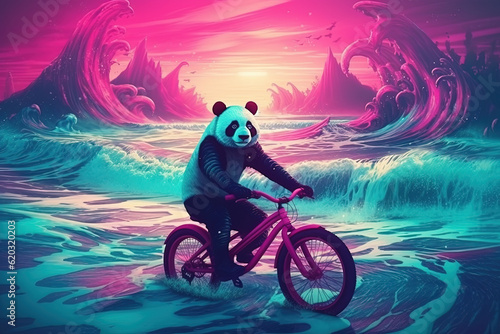Synthwave Panda riding a bicycle on the Beach © Wendelin
