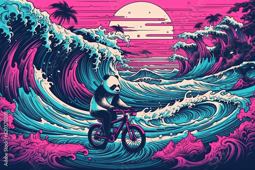 Synthwave Panda riding a bicycle on the Beach photo