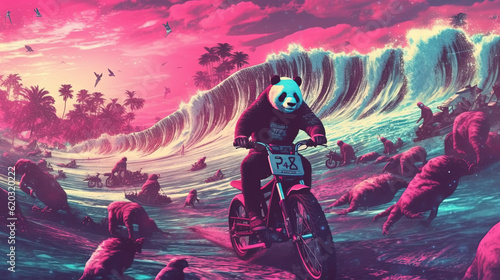 Synthwave Panda riding a bicycle on the Beach