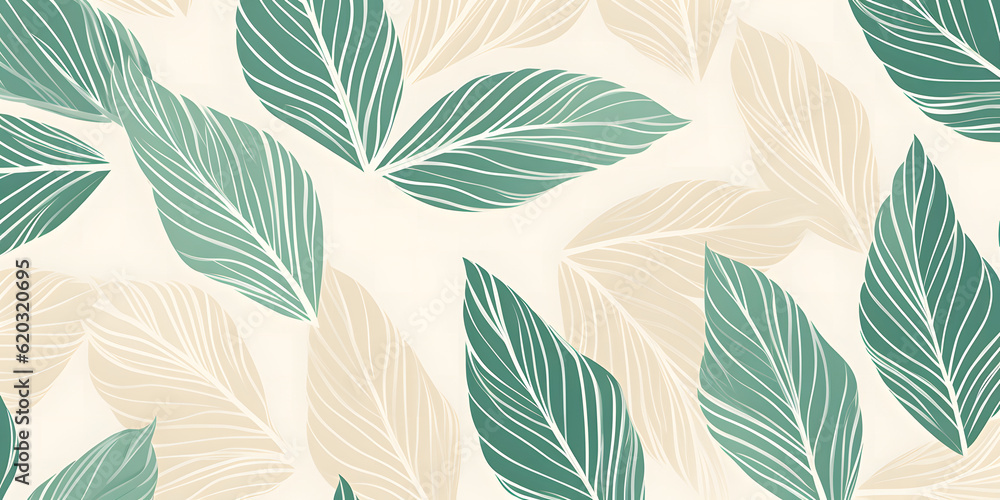 Green Beige- Serenade of Tropical Leaves: Linear Contour Line Art Background Green Beige- Serenade of Tropical Leaves: Linear Contour Line Art Background