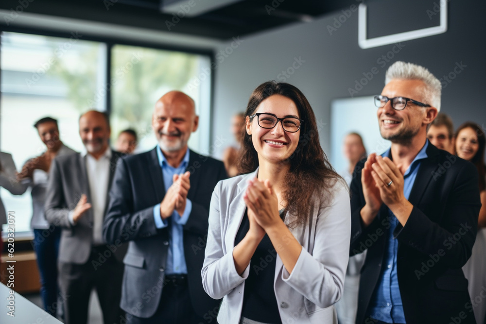 A portrait of a multigenerational business team celebrating a successful project, with smiles and applause Generative AI A portrait of a multigenerational business team celebrating a successful project, with smiles and applause Generative AI