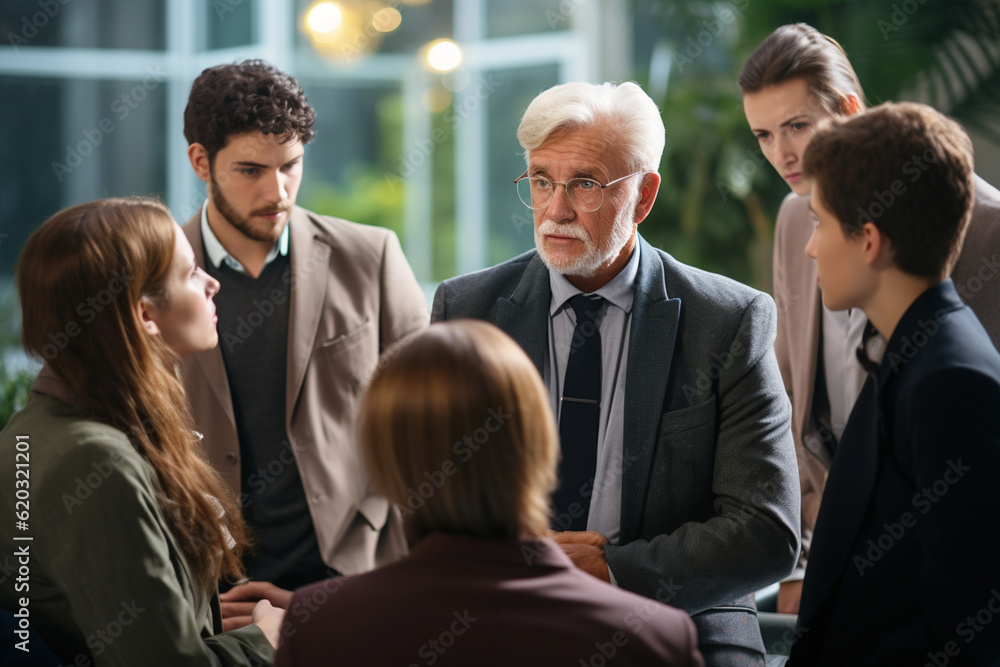 A multigenerational business team standing in a huddle, listening attentively as a team leader provides guidance and direction Generative AI A multigenerational business team standing in a huddle, listening attentively as a team leader provides guidance and direction Generative AI