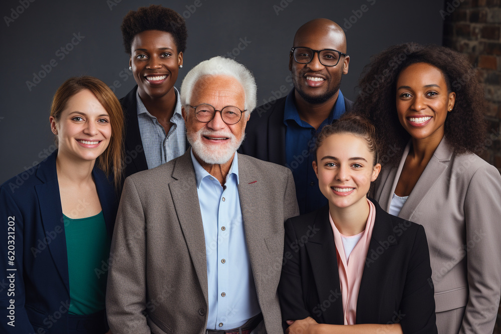A portrait of a multigenerational business team with diverse attire, representing different roles and responsibilities within the organization Generative AI A portrait of a multigenerational business team with diverse attire, representing different roles and responsibilities within the organization Generative AI