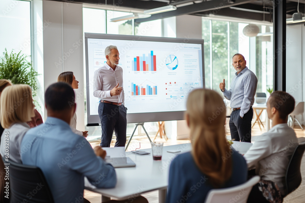 A portrait of a multigenerational business team standing in front of a presentation screen, giving a confident and unified presentation Generative AI A portrait of a multigenerational business team standing in front of a presentation screen, giving a confident and unified presentation Generative AI