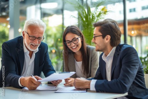 A close-up of a multigenerational business team, engaged in a problem-solving discussion, showcasing their teamwork and collaboration Generative AI