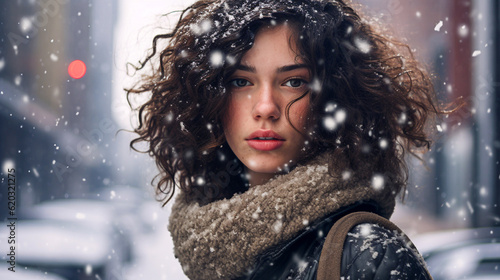 Porträt einer jungen Frau in den Straßen von New York im Winter, Generative AI
