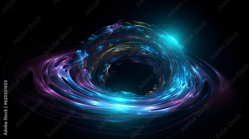 A vibrant neon blue and purple space black hole swirl against a dark black background Generative Ai A vibrant neon blue and purple space black hole swirl against a dark black background Generative Ai