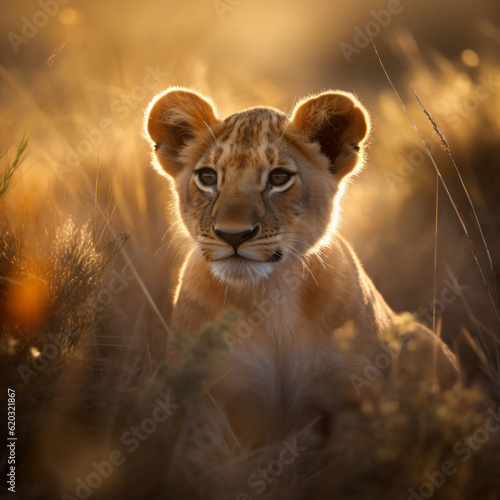 A majestic lion cub resting in the grass Generative Ai