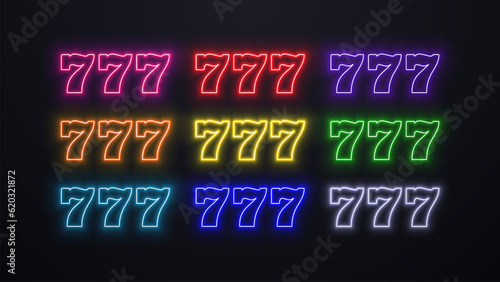 A set of neon glowing shiny icons 777. Casino and poker logo in different colors on a black background.