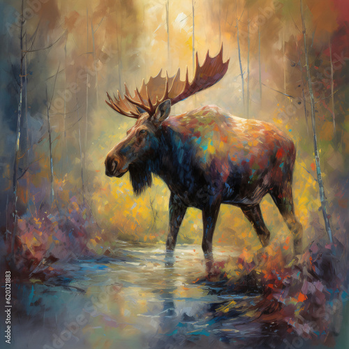 an-oil-painting-of-a-majestic-moose-in-its-natural-habitat-surrounded-by-lush-green-woods-generative-ai