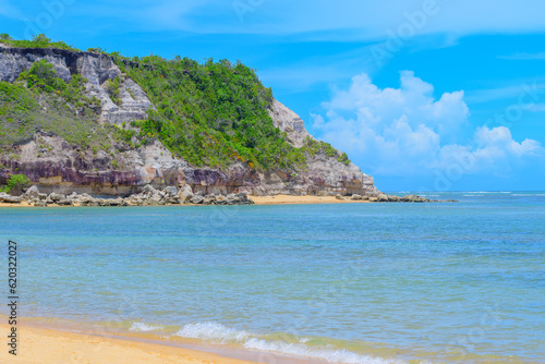 View of Espelho Beach, a famous tourist destination of the coast of Porto Seguro, Bahia state, Brazil.