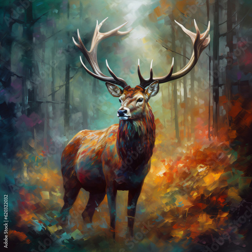 A painting of a majestic deer standing in the serenity of a lush forest Generative Ai