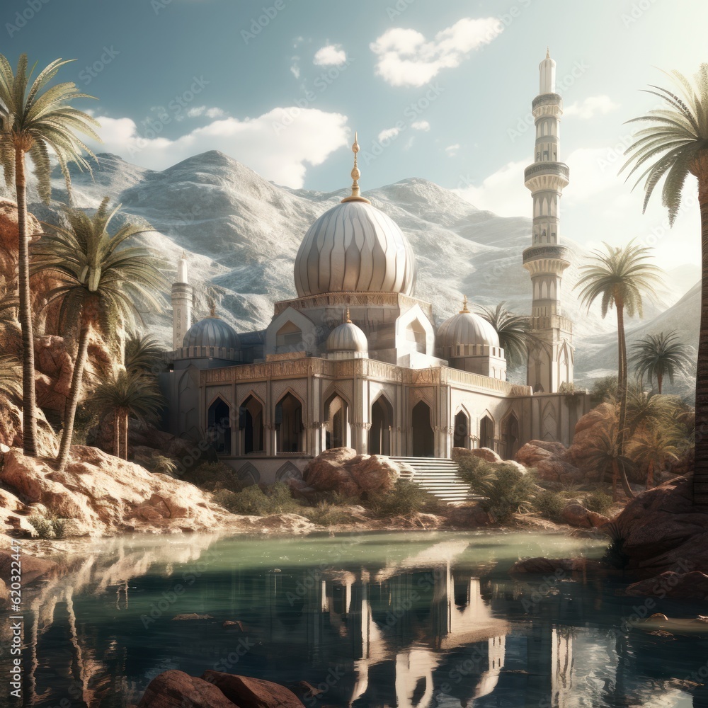 Naklejka premium Muslim mosque and waterfall, Illustration AI Generative.