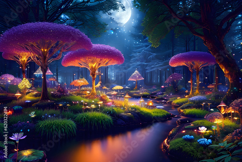 Fairy forest with colorful glowing plants 