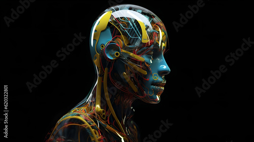 Techno Elegance: A Realistic Robotic Man Bathed in Yellow, Red, Blue, and Green Hues, Harmoniously Blending Human Anatomy and Serene Facial Features with Futuristic Design photo