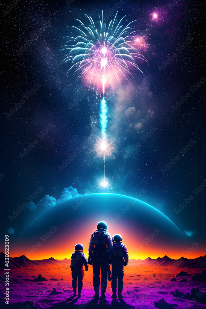 astronaut family on the moon looking at sky multiple colorful exploding fireworks in space, galaxy, large planets, vibrant nebula sky, generative ai