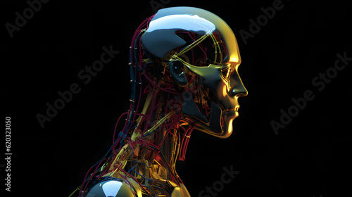 Techno Elegance: A Realistic Robotic Man Bathed in Yellow, Red, Blue, and Green Hues, Harmoniously Blending Human Anatomy and Serene Facial Features with Futuristic Design photo