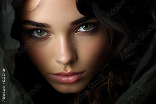 Young beautiful woman face. Illustration AI Generative. © ArtCookStudio