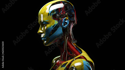 Femme Machina: An Elegant Realistic Robotic Woman Painted in Yellow, Red, Blue, and Green, Mirroring Human Anatomy and Serene Facial Expressions with an Underpinning of Technological Design photo