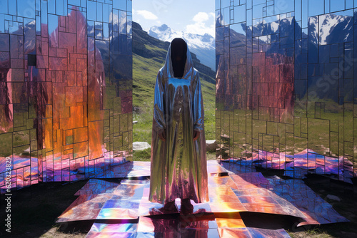 Mysterious Hooded Figure in Metallic Robe Standing on an Iridescent Shrine Altar in a Mountain Landscape