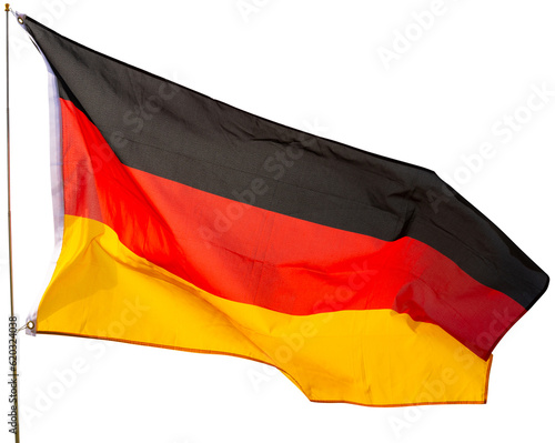 Black  red  and gold tricolor Bundesflagge  national symbol of idea of strong and united democratic Germany  culture and rich history waving on flagpole. Isolated over white background