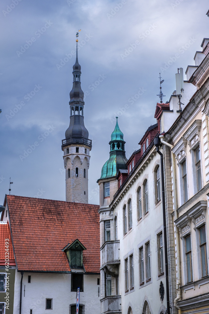Tallinn, Estonia. City Hall Tower. Vane Old Thomas. View from the Old City. Cloudy evening