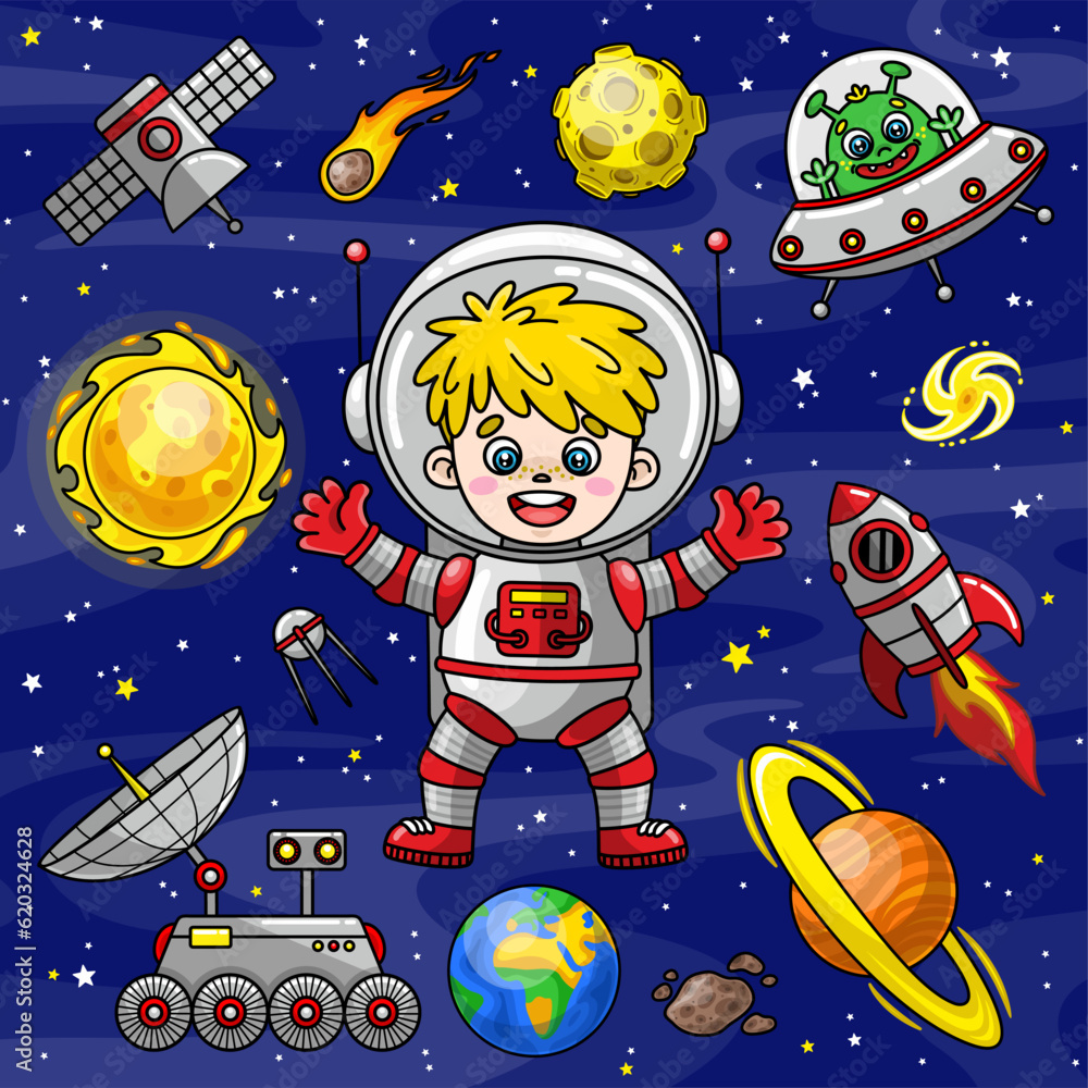 Naklejka premium Set of space elements. Vector illustrations in cartoon style. Cute astronaut boy, rocket, planet Earth, moon, alien in flying saucer, Sun, galaxy, comet, satellite, lunar rover and others. Universe.