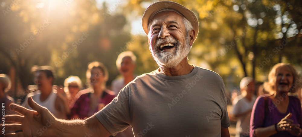 Happy group of senior people exercising in the park. Image generative AI. Happy group of senior people exercising in the park. Image generative AI.