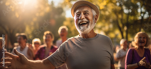 Happy group of senior people exercising in the park. Image generative AI. © MarianoMartin