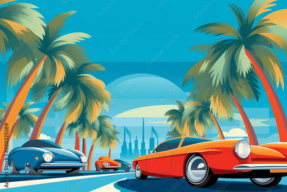 The futuristic retro landscape of the 80s. Illustration of the car and palm trees in retro style and vivid colors. Suitable for the design of the 80s style