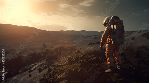 Edge of the Unknown: A Determined Scientific Explorer in a Spacesuit Probes a Mysterious Crater during the Golden Hour, Illuminated by Warm, Dramatic Shadows photo