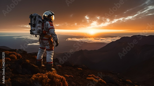 Edge of the Unknown: A Determined Scientific Explorer in a Spacesuit Probes a Mysterious Crater during the Golden Hour, Illuminated by Warm, Dramatic Shadows photo