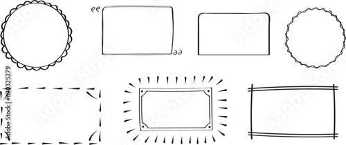 Outlines,vintage photo border. Mirror frames in doodle style. Blank black square rectangle label elegant sketch.