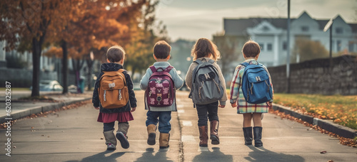Children walking on their way to school.  Image generative AI. photo