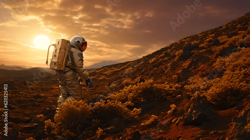 Edge of the Unknown: A Determined Scientific Explorer in a Spacesuit Probes a Mysterious Crater during the Golden Hour, Illuminated by Warm, Dramatic Shadows photo